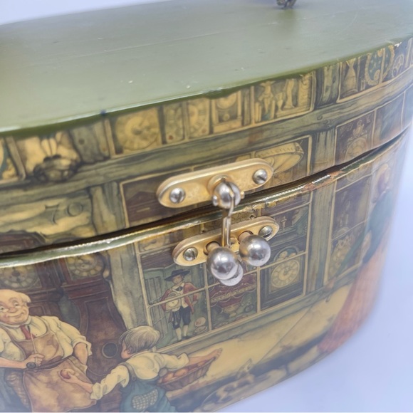 Vintage Folk Art Decoupage Box Purse | Tortoiseshell Lucite Handle | Mid-Century - Picture 4 of 14